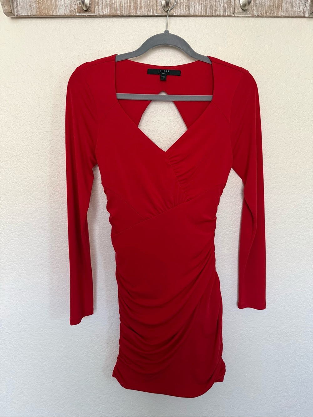 GUESS Red Long-Sleeve Ruched Mini Dress with V Cutout